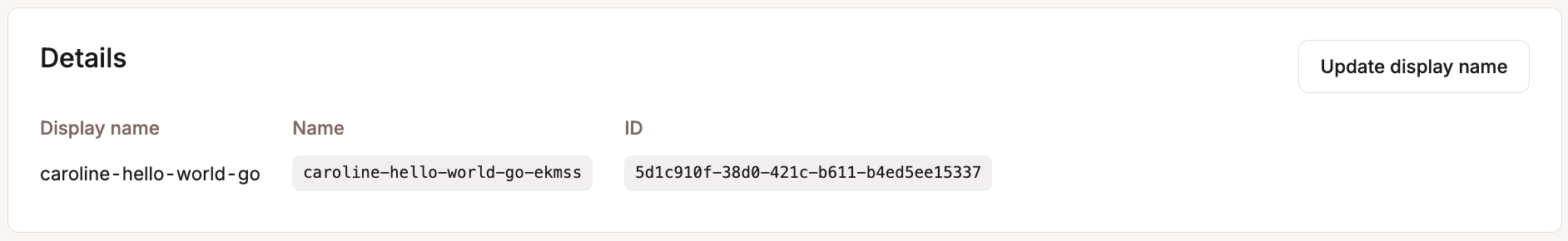 Application display name, name, and ID.